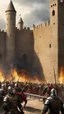 Placeholder: War of crusaders around a big wall thousands of solders armed with spears and bows clashed with each other’s with swords try to enter inside a big castle , fires and dead’s and big fights on the ground