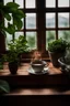 Placeholder: Hot tea on wooden table next to a window with lots of plants