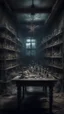 Placeholder: Si-Fi, The permanent under atmospheric lighting effects, a whole tables and shelves filled with old abandoned laboratory with spider wigs and weird skull ,intricate historical moody atmosphere, eerie grimdark ambiance, complex motherboard accents, speculative fiction art. Bokeh