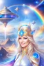 Placeholder: cosmic woman smile, admiral from the future, one fine whole face, crystalline skin, expressive blue eyes,rainbow, smiling lips, very nice smile, costume pleiadian, Beautiful tall woman pleiadian Galactic commander, ship, perfect datailed golden galactic suit, high rank, long blond hair, hand whit five perfect detailed finger, amazing big blue eyes, smilling mouth, high drfinition lips, cosmic happiness, bright colors, blue, pink, gold, jewels, realist, high,rainbow commander