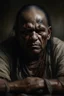 Placeholder: A native Indian , they but a fabric on his eye so he can not see and his arms are Handcuffed. looks miserable with bruises on his face like he has been beating sitting on a broken chair in a prison with dem light and dark prison environments , Busch painting style , sureal