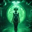 Placeholder: Glamorous female, in an alien laboratory, bound inside an insidious transformation chamber surrounded by radioactive smoke. the lower part of her body is captured by a radioactive octopus