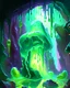 Placeholder: a slimy dripping gelatinous cube in vast cavern room painterly