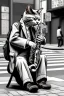 Placeholder: One single mature cat playing saxophone on the street, Osaka, thoughtful, mourning, model style, hyper realistic, extremely accurate, delicate, extremely detailed, Graphic novel style, wide-angle, open aperture, superfine pencil