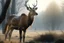 Placeholder: 4K photo-realistic image. A mature red deer tall and proud in Richmond Park, London. Standing sideways but looking forward. Hyper realistic. Photorealism. Early morning, golden white, winter light. Snow on the ground and flecks of snow on the antlers A mist with the sun streaming through the trees like shards. Perspective: looking up at the deer.