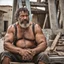 Placeholder: extreme close up photography of a sicilian ugly burly serious wet sweaty, muscular chubby strong fat carpenter, shirtless, boxer, bulge, manly chest, very hairy allover, big goatee 51 years old, short hair, sitting with open legs on a little chair , on a construction site in the middle of a road, under the August sun, emotional eyes, , hyper-realistic, photorealistic , frontal view from the ground