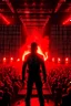 Placeholder: 4K realistic, Terminator crowd at a rammstein concert, Till Lindemans back on stage, back, arms spread and on fire, flames everywhere.