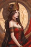 Placeholder: woman with long brown hair and red eyes, medieval concubine, anime style, highly detailed, intricate background, red and black clothes, Greg Rutkowski