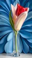 Placeholder: Red Rose in a long nice crystal vase, The background should be composed of blue petals that gradually transition to a creamy butter-colored center, with the petal tips delicately tinted in a noble, pale blue. The transitions between colors should be seamless and smooth, with no sharp edges, giving the petals an ethereal, veil-like, silky appearance. Focus on capturing the soft texture and gentle flow of the tulip petals, creating a dreamy and elega