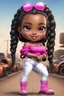 Placeholder: Create a digital airbrush cartoon of a curvy African American chibi female wearing tight white jeans and a off the shoulder hot pink blouse. She is also wearing timberland boots. Prominent make up with hazel eyes. Highly detailed very long extremely braids of black hair. Her skin is smooth and silky. Background of a track of ATV riders.