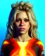 Placeholder: portrait, Shakira, blonde artist, angry, Realistic image, MMA robe, hoodie, mouthguard, nose, band aid, loose long hair, eyes make up, line gold make up, glow, circle iris. Rain, fog, Neon colors, leds. Dark background, photo studio, concept art, smooth, unreal engine 5, god lights, ray tracing, RTX, lumen lighting, ultra detail, volumetric lighting, 3d, finely drawn, high definition, 4k.