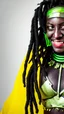 Placeholder: A woman has dark skin, yellow eyes and black dreadlocks. Her face has a slying smile, showing her superiority in the eyes of others. She is dressed in a steel armor with a few pieces of yellow and green fabric sticking out.