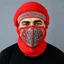 Placeholder: men ,modernism ,Full face mask. Made of carpet. With symbols of Iranian carpets and Iranian culture. Modeling photo using red colors.