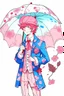 Placeholder: kind sailor, man, red slightly curly hair, long jacket, pink-azure clothes, pink-azure cocked hat, white floral pattern on the jacket, flower in the hair. Pink and blue umbrella.