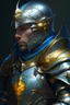 Placeholder: Closeup portrait of a knight wearing a full suit of armor, intricate details, majestic and powerful, bright shining silver armor, matching blue cape, a golden crown, artstation trending, highly detailed, digital painting, art by wlop, greg rutkowski, and charlie bowater.