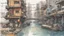 Placeholder: Water-level view of buildings made of reused dirty rusty metal next to futuristic canal junction, cyberpunk, many painted colours, flying boats, balconies, bridges, people, shopping, eating, walking, fifth element, ghost in the shell, altered carbon, Ian McQue, lineart and watercolour