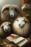 Placeholder: one black sheep reads a book on other site white sheep herd sleep