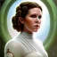 Placeholder: round framed complete and ultra detailed head to waist portrait of young carrie fisher as Princess Leia with detailed hairstyle by Mandy Jurgens and mucha and Richard Schmid and chuck close and chie yoshii, extraordinary and detailed ceremony dress of star wars,