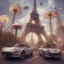 Placeholder: steam punk traffic jam in New york 3D blender full lenght with white eiffel tower in the background and flying mushrooms in the sky by Dali