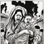 Placeholder: A Palestinian woman wearing the Palestinian dress carries her dead son as she screams and cries at night, with explosions in refugee tents behind her.