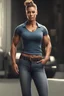 Placeholder: a very muscular female mother dressed polo t-shirt and blue jean pant with hair styled into a professional bun with a very masculine body structure with masculine pecs and standing with hands in pocket facing front in a photorealistic picture