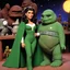 Placeholder: [1960’s stop-motion animation style in the cantina] a 70s advertisement video TV featuring youthful Marina Sirtis as Deanna Troy in a different tones of green velvet suit with a short cape, she is hugging Princess Leia in her iconic Jabba's two pieces swimsuit; as a claymation character toy from a claymation horror movie in burning rainbow land, from hell, creepy Videos, strange creatures everywhere , as old advertisement shot on video VHS