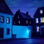Placeholder: Fotografia di strada assurda e falsa a Magog blu weirdcore dai colori vivaci. Notte. Non luogo falso, inusuale. Max Ernst. Le case sono false e dipinte di nero chiaro con cose stilizzate e dettagli. Ci sono finestrelle false quadrate, che danno un senso distopico e molto surreale, disposte in modo casuale. L'atmosfera generale sembra noiosa e onirica, con un contrasto tra elementi reali ed elementi dipinti falsi, René Magritte