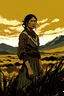 Placeholder: Illustration of a young woman standing in the grassland in the style of Bernie Wrightson. Olive Skin, Black Hair, Asian facial Features, Indigenous Ethnicity, Indigenous Clothing, Sami Clothing, Indigenous Adornments, Full Body. Taiga, Mountains, Tundra. Gloomy and Depressing Atmosphere. Dark Hues Color Palette, Composition Balance, Outlined Silhouettes, Shadows, Highlights, Intricate Details, Dark Fantasy, Narrative-rich Illustration, Visual Compellingness in the style of Bernie Wrightson.