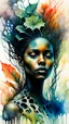 Placeholder: Zdzislaw Beksinski, and Peter Gric style ink wash and watercolours , full body illustration of a beautiful young black girl , highly detailed facial features, mixed to anatomical portrait view, visible plant like skeletal structure, wildly flowing splash colours , 8k octane, all in focus, clean , no grain, ethereal, otherworldly concept art in vibrant natural colors