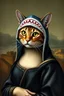 Placeholder: cat with shark mask hat solana as mona lisa in the style of banksy