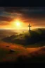 Placeholder: Imagine a surreal landscape where golgotha, bathed in an eerie, dreamlike glow, dominates the horizon. The sunrise unnaturally large and luminescent, rises slowly over a tomb with the stone rolled away revealing an empty cave in the side of the hill with a stone cover rolled to the side, sunrise casting an ethereal light that reflects off the solitary cross