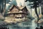 Placeholder: retro anime style, full color, dark serious 1980s anime style, A western cottage in the forest near a river, watercolor, forest,