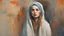 Placeholder: A portrait of a standing against the city wall sad beautiful young skinned woman with a head covering, looking straight in the camera painted in loose brushstrokes by expresiionist art