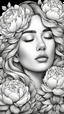 Placeholder: young woman, coloring page of a beautiful bouquet of peonies all around her face, her eyes are closed and dreaming peacefully, only her face shows, her face covered by the bouquet of peonies, with a black background, clear outline, no shadows, sketch colors, 4k, blond hair