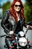 Placeholder: pretty mature woman, red long haired, nice smile, sunglasses, headphones, nice body, big bubs and nice legs, little leather jacket, skirt and boots rocker fashion