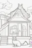 Placeholder: blank colouring book, white blank background, simple picture for toddlers, cat house with no cat inside, disney and pixar style