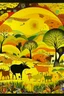 Placeholder: A yellow majestic savanna with animals designed in cave paintings painted by Wassily Kandinsky