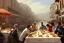 Placeholder: 12 group relaxed men eating tapas round one table in restaurant, Oil painting,old, damaged painting, impressionism , wide brush strokes, ultra realistic, photo realism, marina,12 men having lunch in the harbo, boats, restaurant ,sitting out door, epic, celestial, cinematic lighting, God light, god rays
