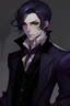 Placeholder: crea un personaje de anime, con pelo violeta oscuro, vestimenta elegante y oscura de la epoca victoriana. que sea un vampiro