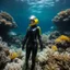 Placeholder: Blonde, black latex hazmat suit, clear helmet, underwater reef