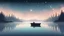 Placeholder: vector graphic of a boat in the middle of a cozy mist lake where the sky is filled with stars