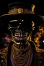 Placeholder: gangster skeleton portrai, black smoking, smoke, realistic, gold necklace, rose, earring, dark, scary, dramatic studio lighting, very detailed, high contrast, intricate, detailed illustration, huge mouth with fangs and drool, christmas three, gifts, firework, 4k, realist, blackground,galaxy,teeth,robot,samurai,eart,