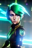Placeholder: Futuristic female soldier, physically fit, green hair, blue eyes, intricate eyeliner, vibrant eyeshadow, clear completion, soft lighting, 4k resolution, intricate details, insanely detailed, colorful cityscape background, masterpiece, expert, cinematic smooth, retroanime style, realistic details, no helmet