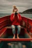 Placeholder: 23 years old girl, with blond hair and a messy bun. standing on in a red boat, wearing red clothes and looking trough binoculars watching something in the middle of the sea. You see the whole boat. You see the gril in front.