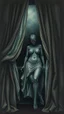 Placeholder: A widow in a dark room with curtains blowing by storm and a dark evil looking thigh the widow with glowing scary eyes , Surreal search for the empty void within a dreamscape of truth and lies. Surreal, alcohol ink, faded semi transparent, hyperdetailed. Inspired by Nicoletta Ceccoli and Gris Grimly