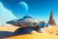 Placeholder: sci-fi spaceship sitting in the desert, with a blue sky, an alien cityscape