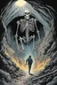 Placeholder: ,Digital illustration of horror genre comic book cover from the 1980s, giant larger than life skeleton picks up tiny humans as they try to run away from inside the cave, macabre, gorey, 1970 illustration art style, absurdist, conye.color pencils, ink, counter culture, dystopian, retro futuris. 90s riot girl look, punk aesthetics, collage, psychedelic, grime, textured, mixed media with a british pop culture influence, maximalism, feminist icon,