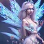 Placeholder: Fantasy cute fairy with wings, smiling, blue eyes, make up, long blond platinum hair, crown, beautiful dress, flowers in background, blender 3D