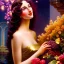 Placeholder: Hyperdetailed oil on canvas, young annie henley at a temple fountain, beautiful, detailed face, long dark hair, surrounded by luminous colorful sparkles, airbrush, depth of field, raspberries, blackberries, octane render, by gaspar camps, maxfield parrish, alphonse mucha, cyril rolando, volumetric lighting, dusk, 16k