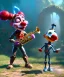 Placeholder: mechanoid clown playing jazz with a steampunk theme, trumpet, realistic